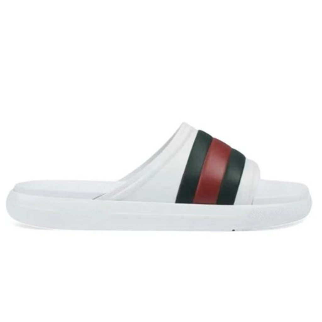 Gucci Men’s Web Slide Sandals White Green Red Rubber Logo 100% Authentic